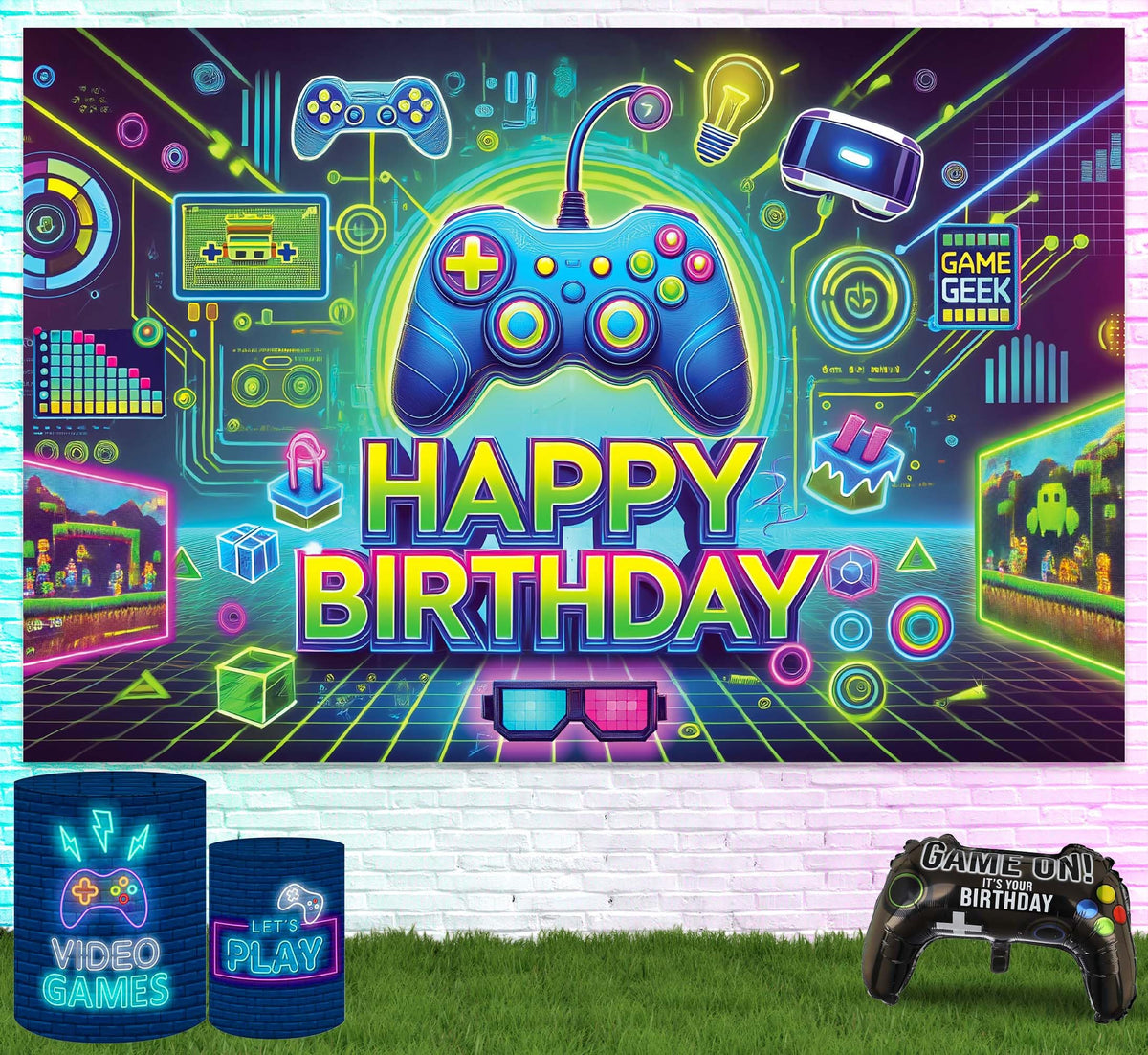IndoTribe video-game banner boy decor with vibrant print adds excitement to birthday celebrations.