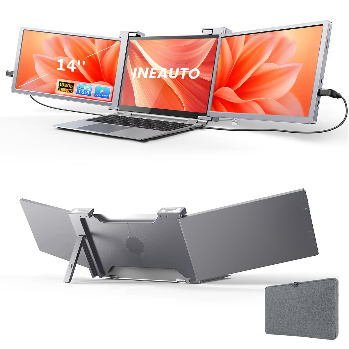INEAUTO 14-inch 1080p portable monitor ready to extend your laptop workspace.