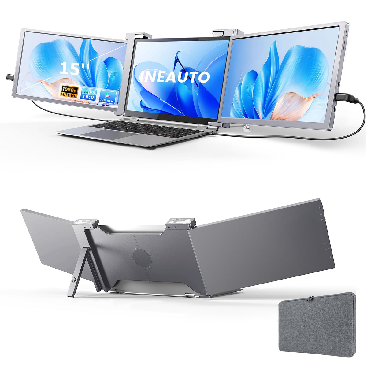 INEAUTO 15 inch screen extender set up beside a laptop for triple display use