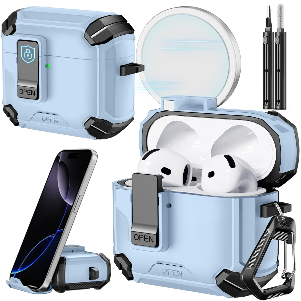 Inesore AirPods 4 case with magnetic lock and built-in stand for hands-free viewing.