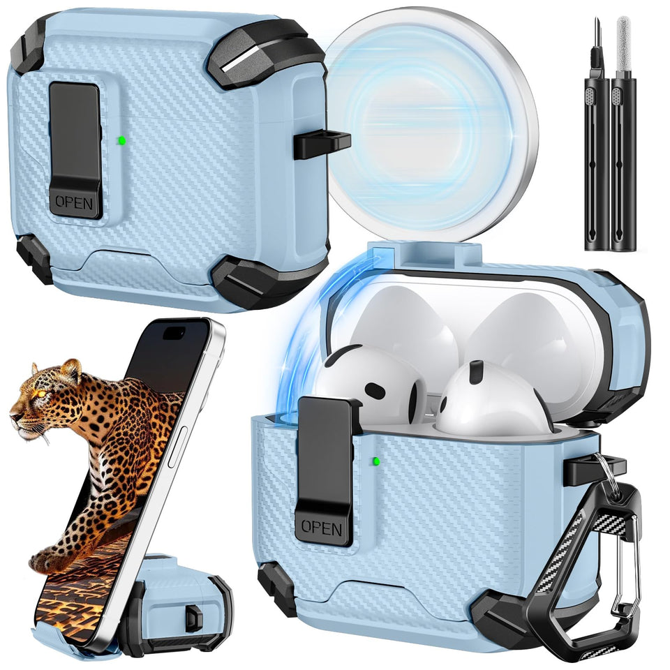 Inesore AirPods 4th Gen case with light blue finish and integrated phone stand for hands-free viewing.