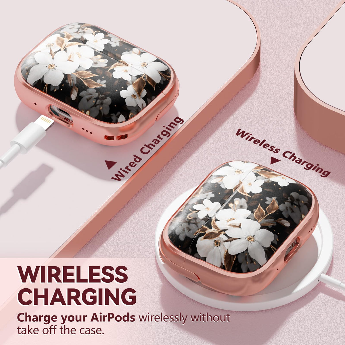 Inesore AirPods Pro 3 case black gold with flower design.