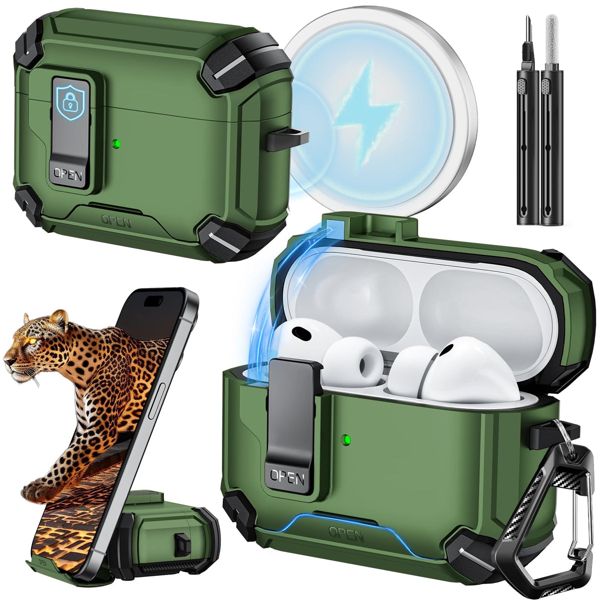 Inesore AirPods Pro 3 case in dark green with built-in stand for hands-free viewing