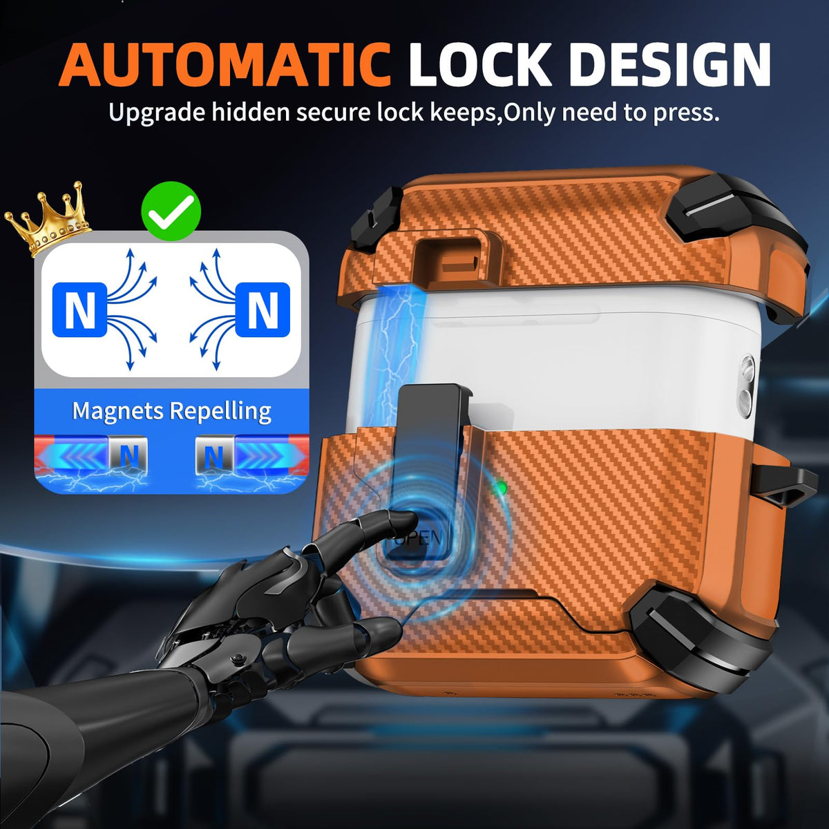 Inesore AirPods Pro 3 case showing automatic lock cover for secure closure