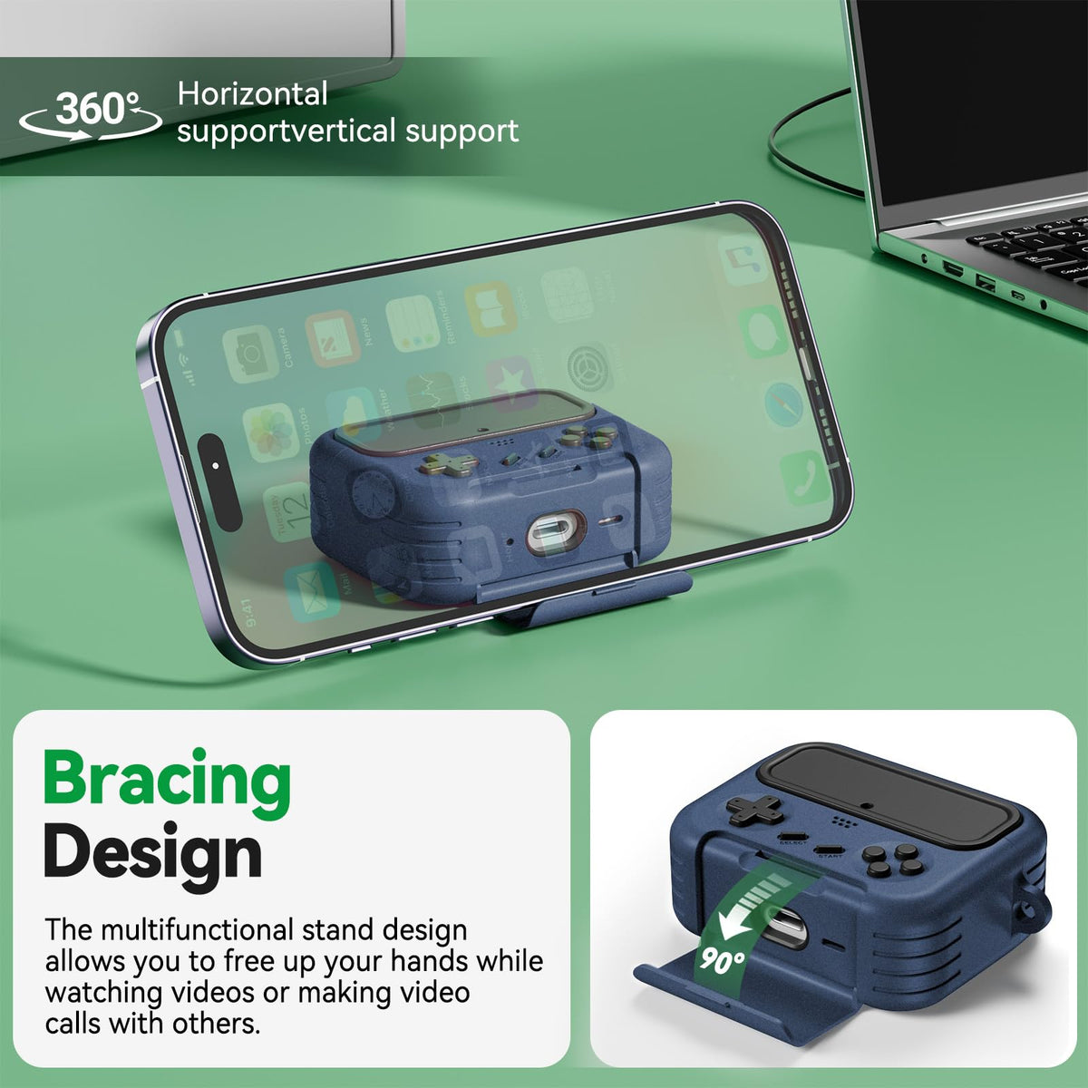 Inesore AirPods Pro 3 case includes built-in phone holder for hands-free use.