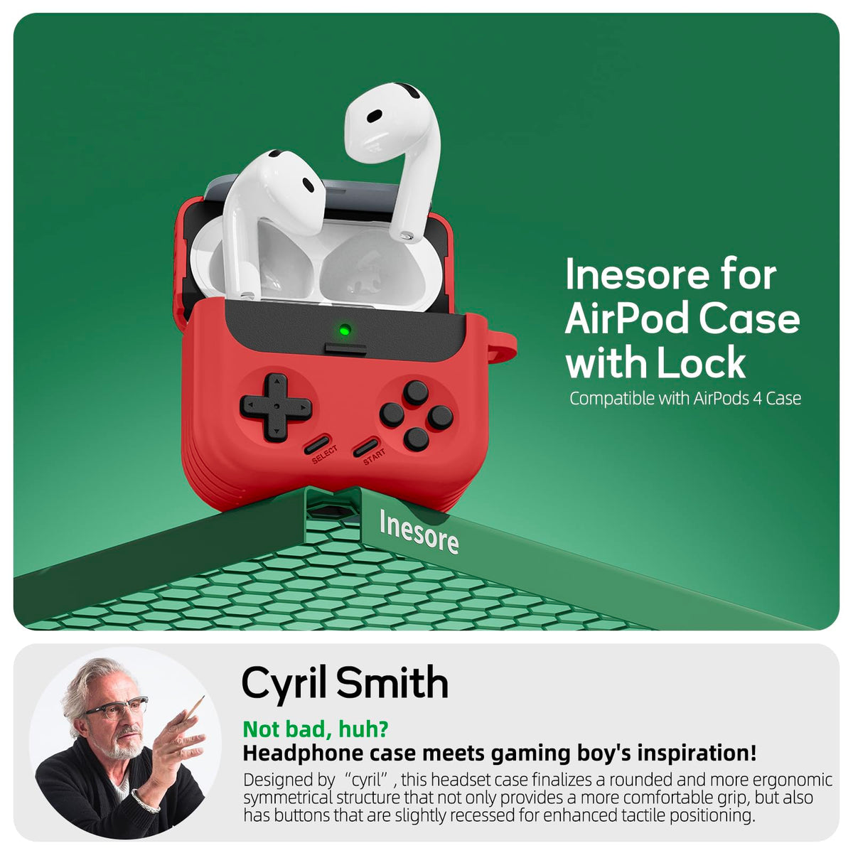 Inesore AirPods 4 case with lock-secure design ensures reliable protection.