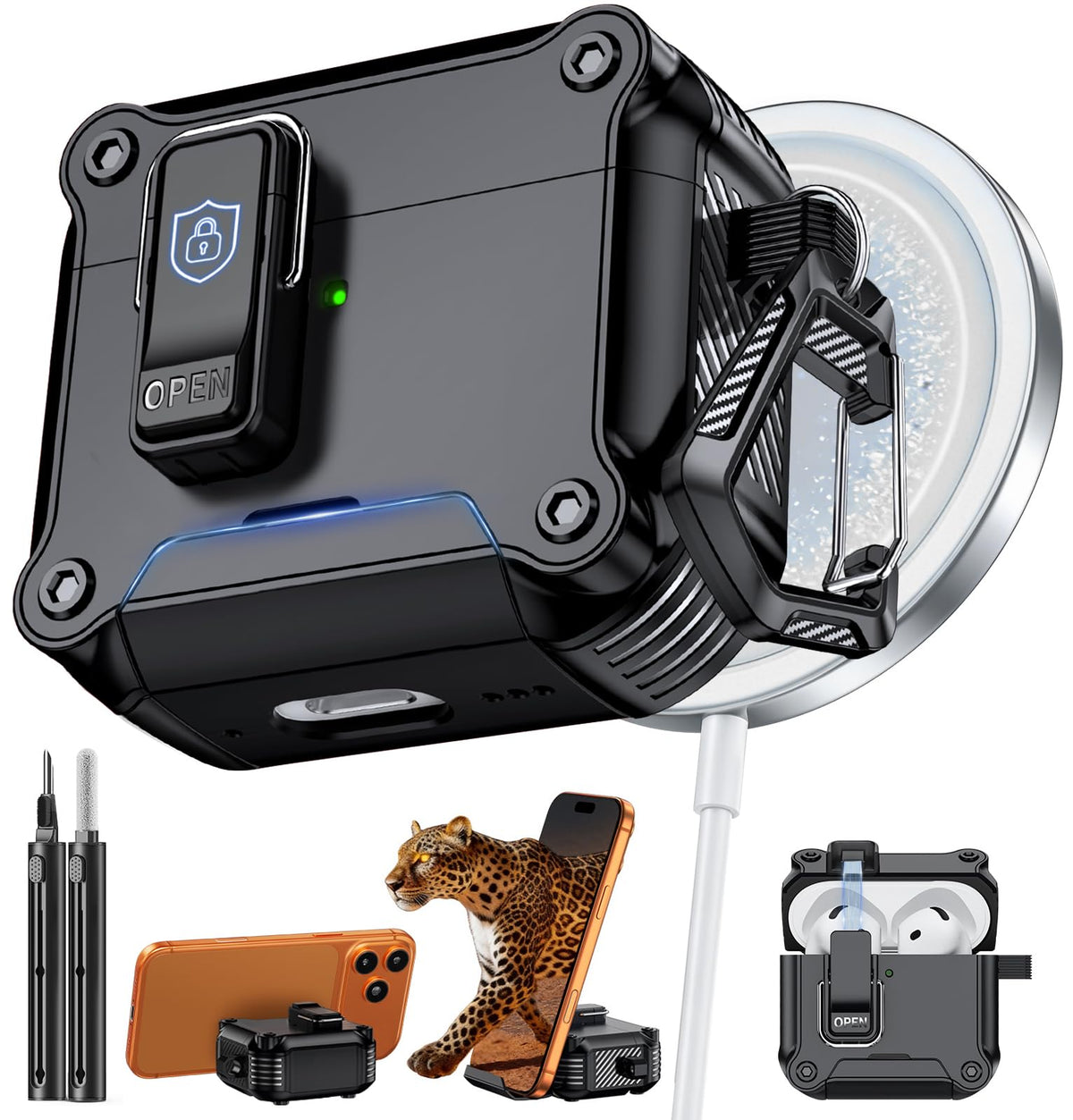 Inesore AirPods 4 case with lock and stand for secure storage and hands-free viewing.