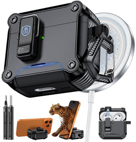 Inesore AirPods 4 case with lock and stand for secure storage and hands-free viewing.