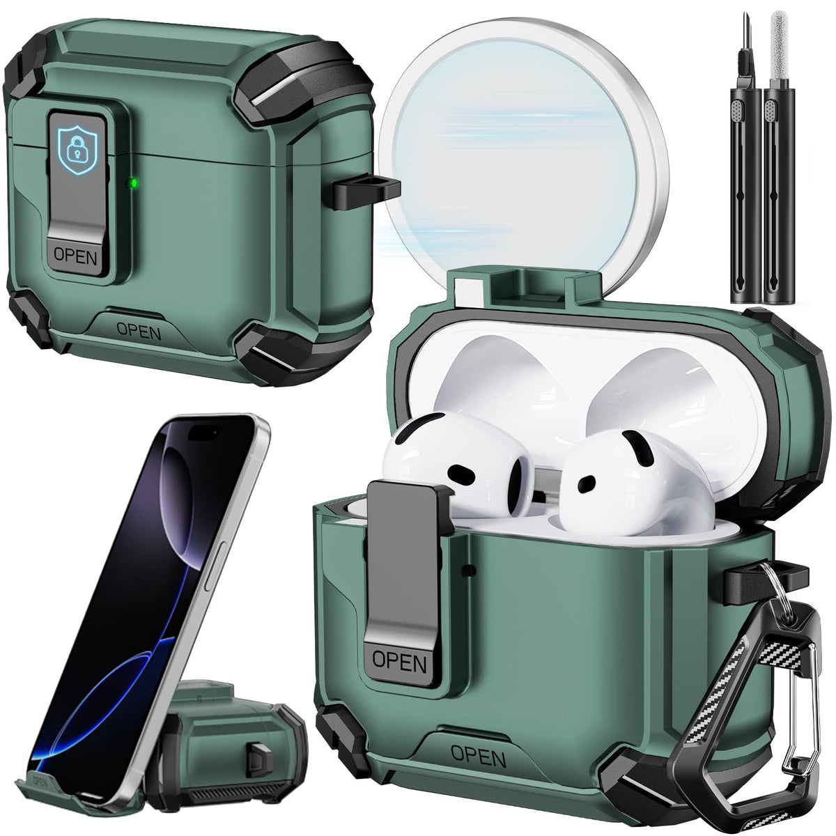 Inesore AirPods 4 case with built-in phone stand for hands-free viewing.