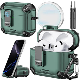 Inesore AirPods 4 case with built-in phone stand for hands-free viewing.
