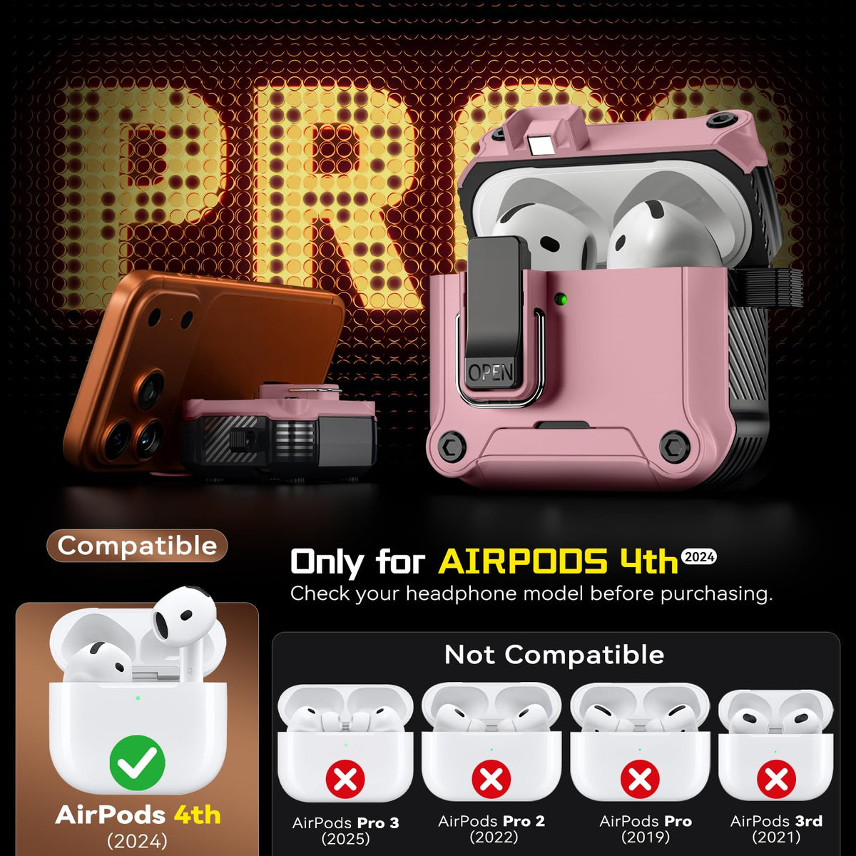 Inesore AirPods 4 pink case with automatic snap for easy one-hand access