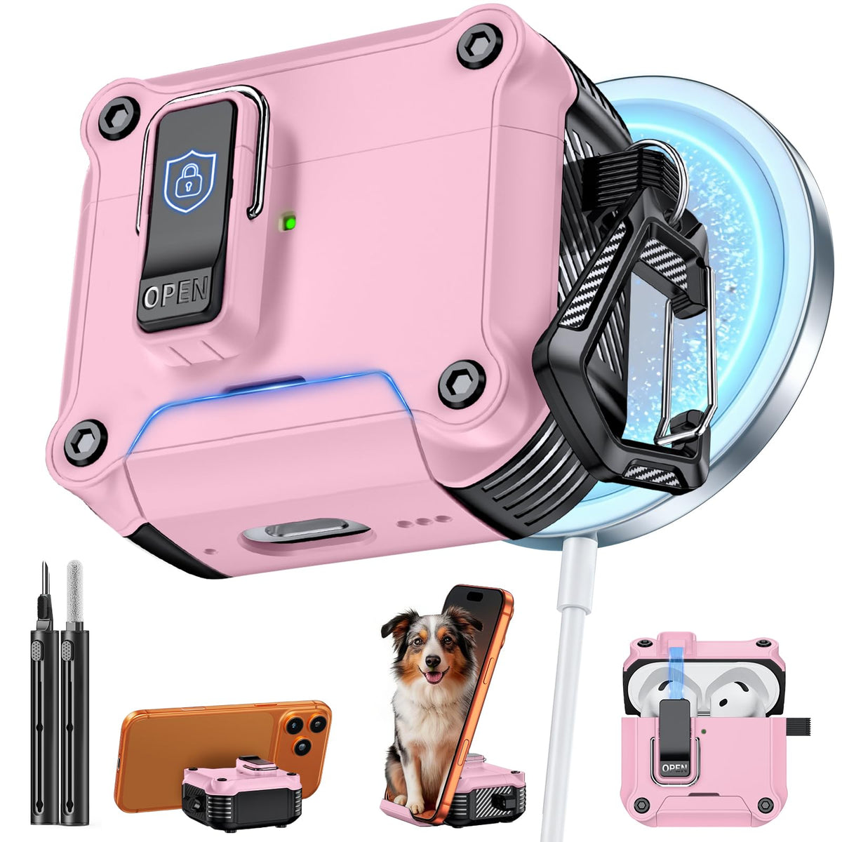 Inesore AirPods 4 pink case with lock and stand for hands-free viewing