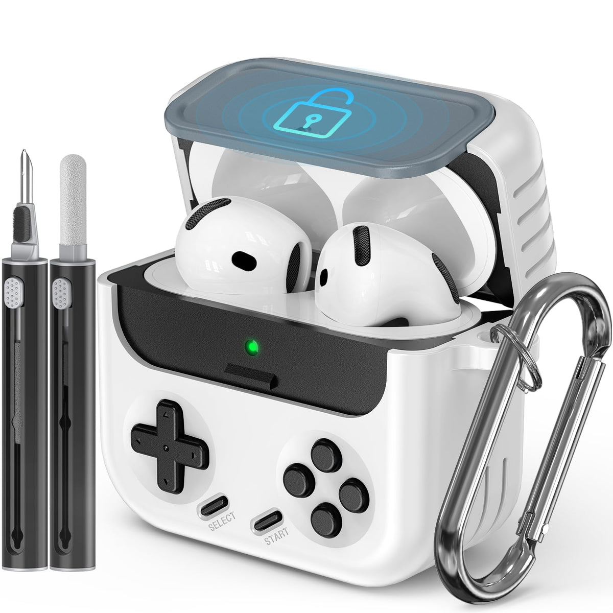 Inesore AirPods 4 game-console cover in white protects the case with playful style.
