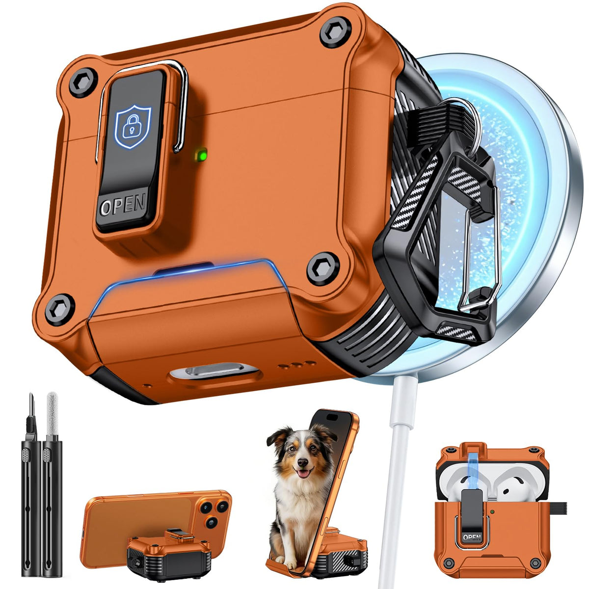 Inesore AirPods 4 orange lock stand case enables hands-free viewing on the go.