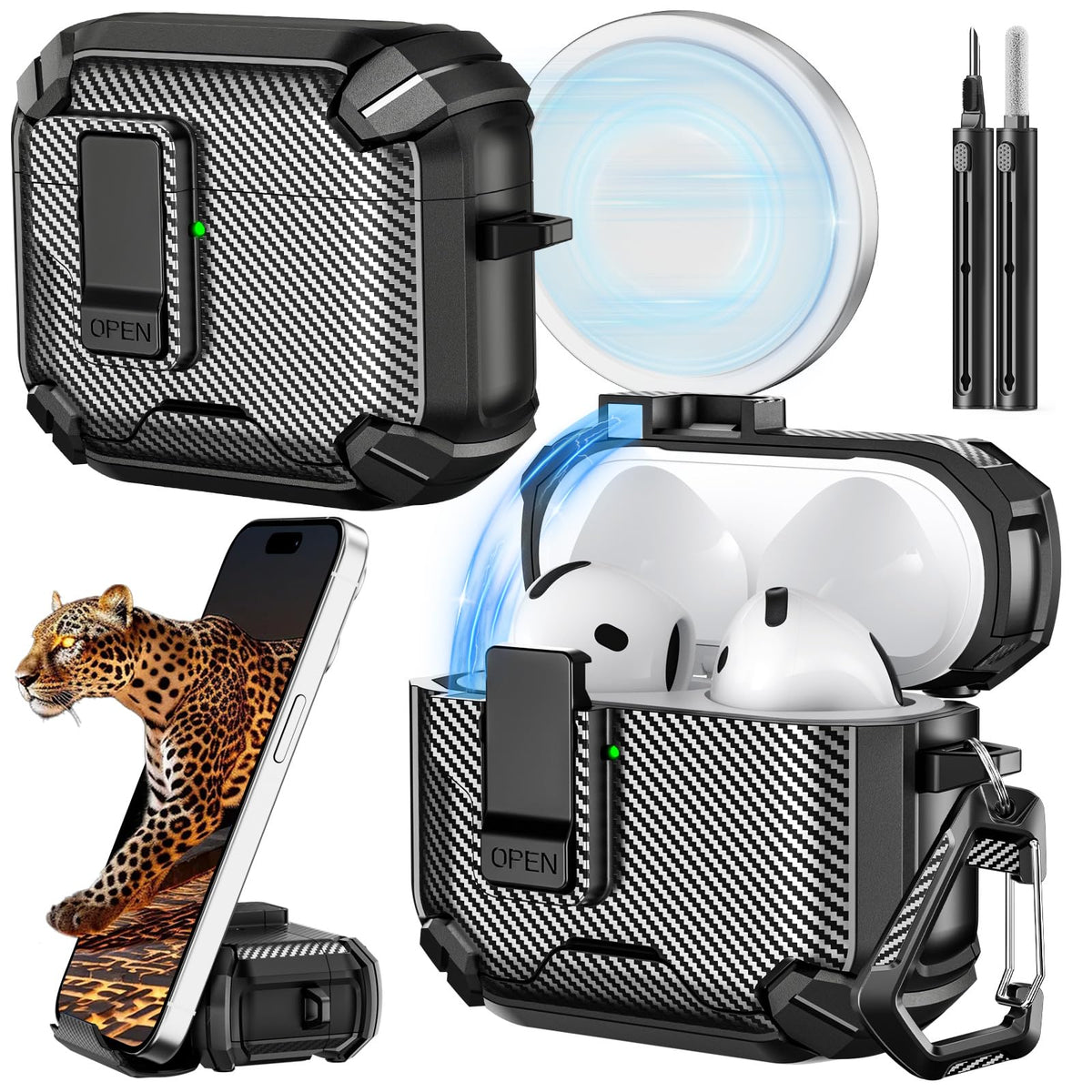 Inesore AirPods 4 case with stand and lock for hands-free viewing.