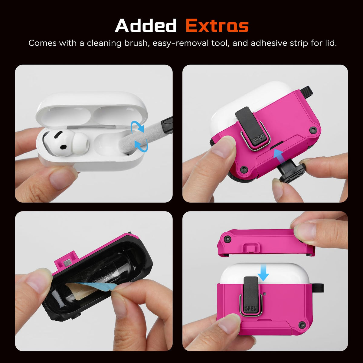 Inesore packaging includes case cover, cleaning kit, and keychain