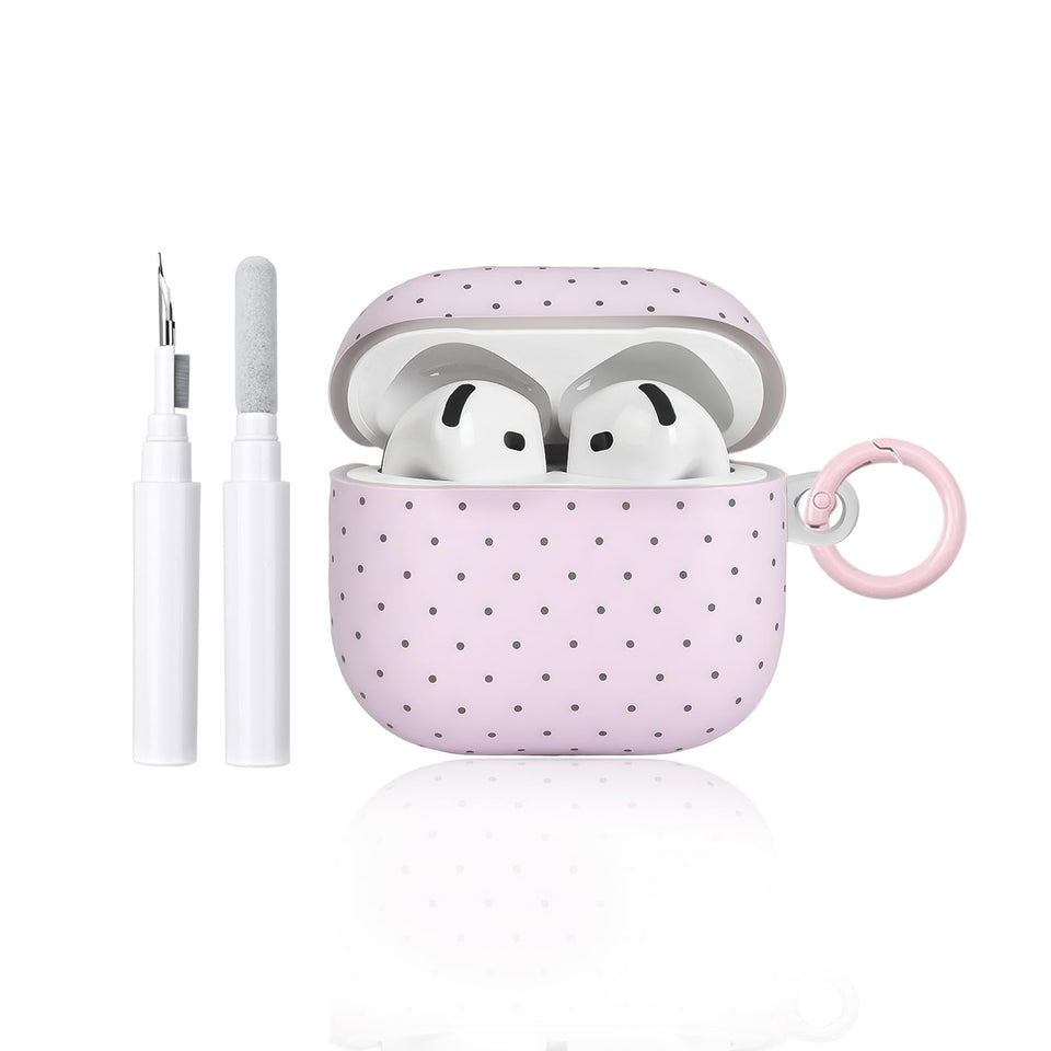 inewateri AirPods 4 case pink polka dot, front view, stylish drop protection.