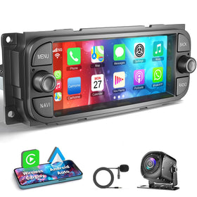 Inexaccessories Dodge Ram dashboard radio with CarPlay and navigation.