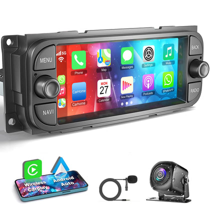 Inexaccessories Dodge Ram dashboard radio with CarPlay and navigation.
