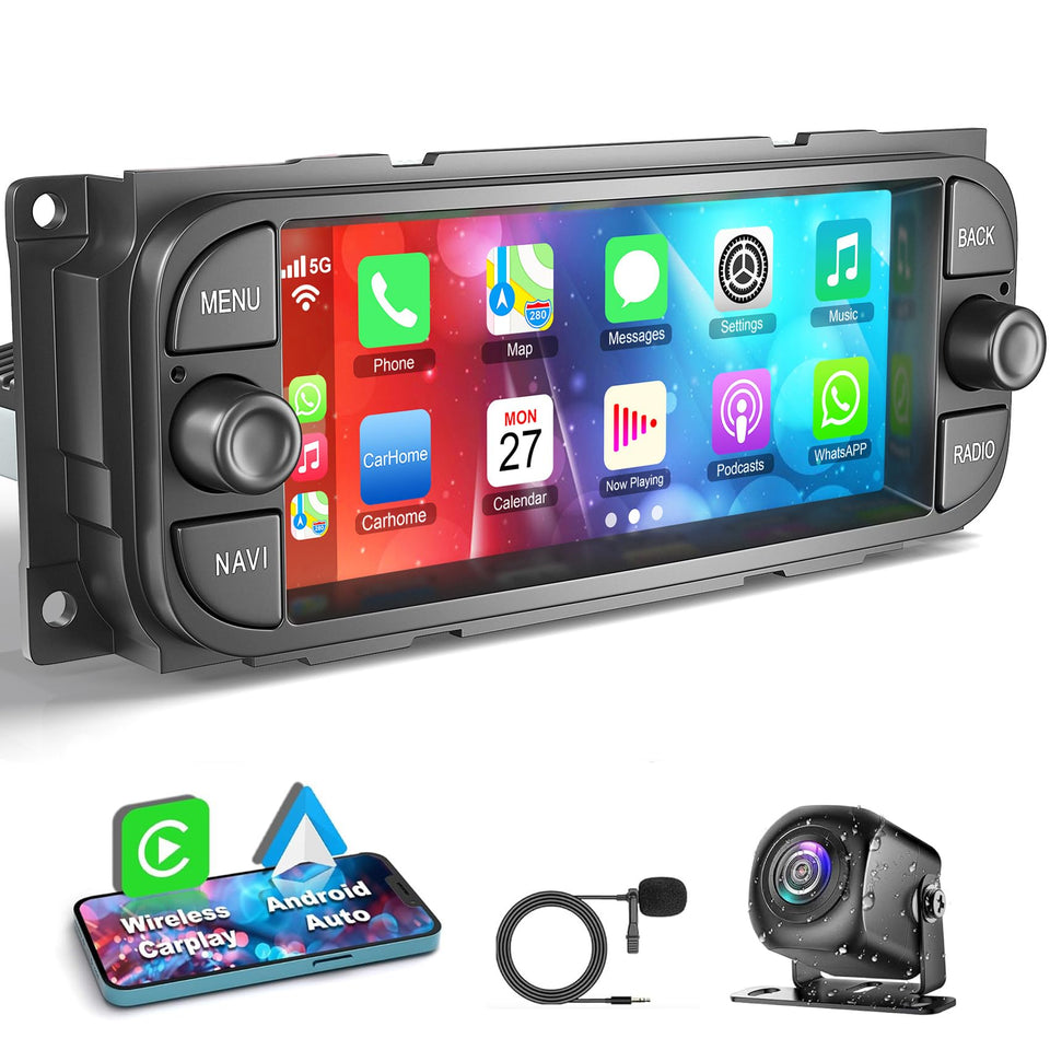 Inexaccessories Dodge Ram dashboard radio with CarPlay and navigation.