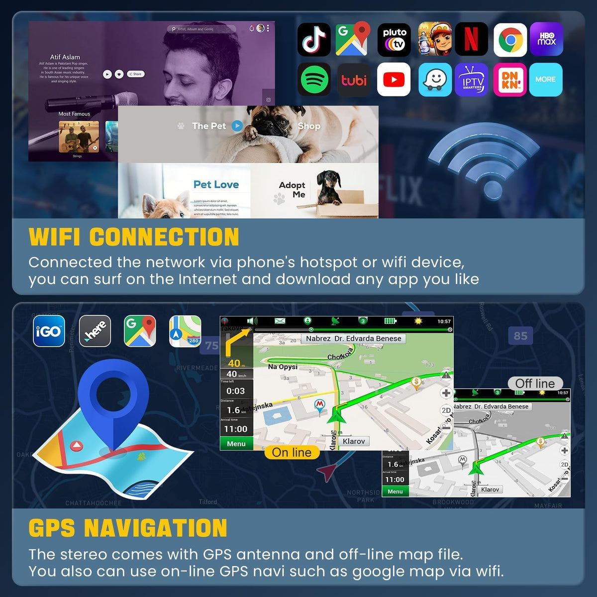 Inexaccessories dual GPS with offline and online maps for reliable routing.