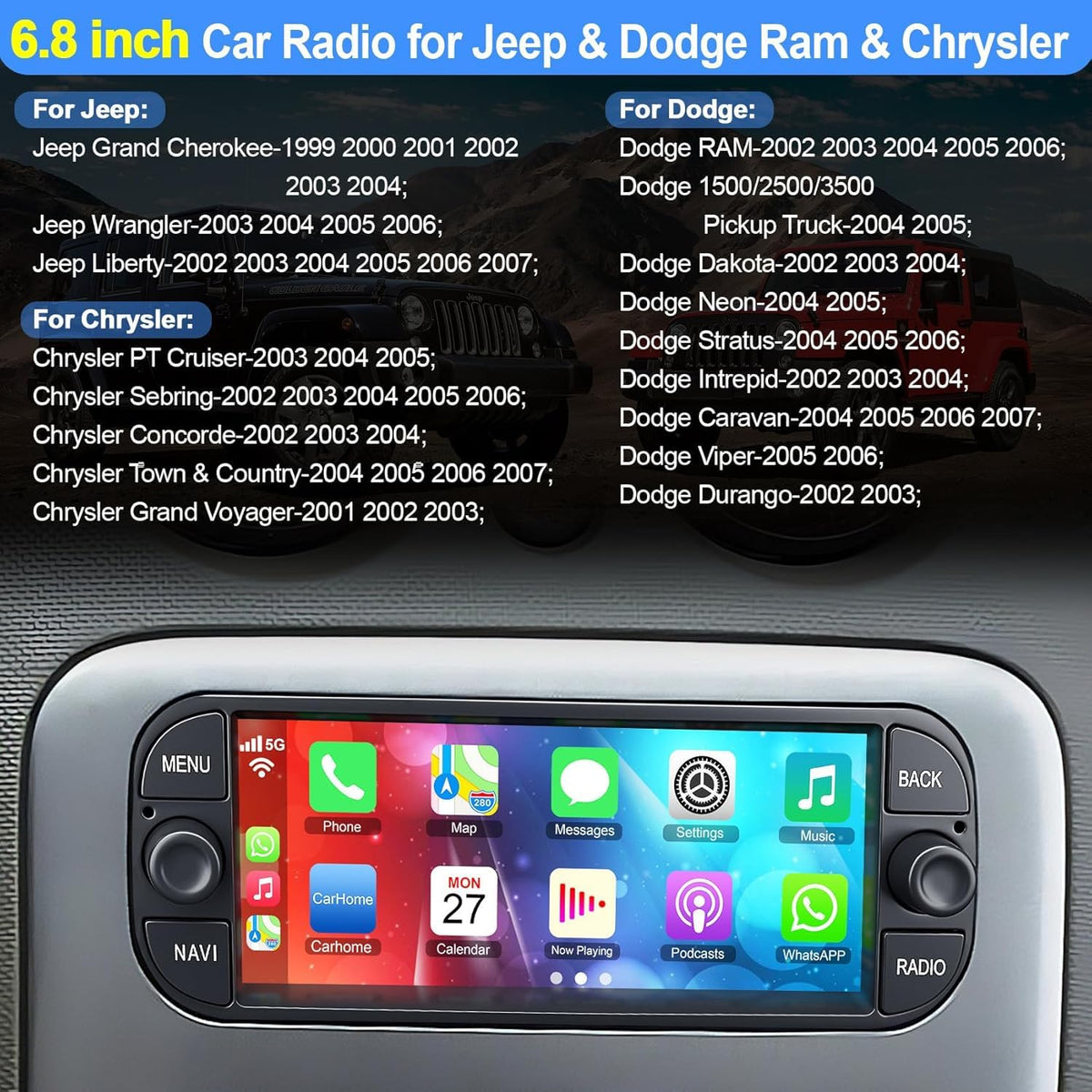 Inexaccessories Jeep Wrangler 2003-2006 Android Auto wireless on display.