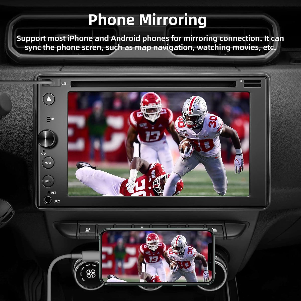 Inexaccessories mirror-link mirrors your smartphone screen for compatible apps.