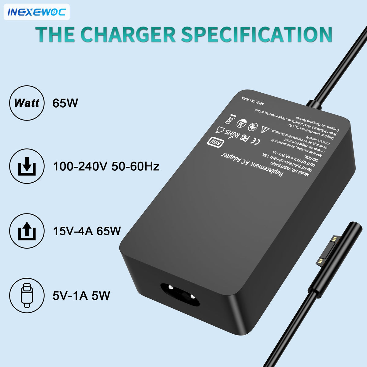 INEXEWOC 65W charger with USB port enables simultaneous charging.