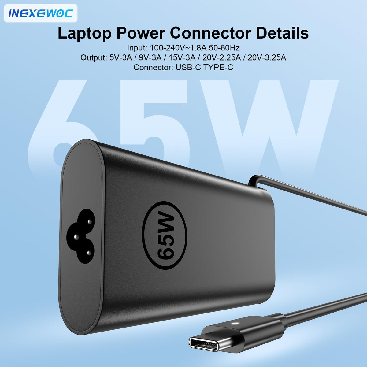 INEXEWOC 65W USB-C charger with Chromebook 3100, steady charging for classrooms.
