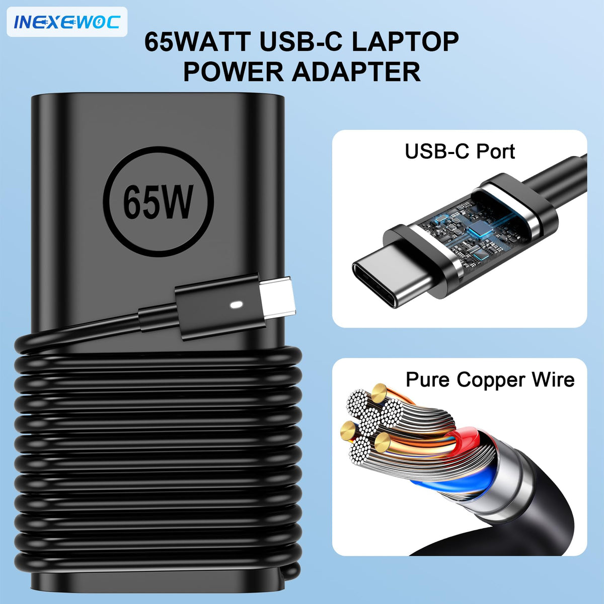 INEXEWOC 65W compact design charger, slim adapter for desk or bag.