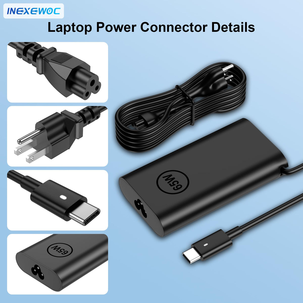 INEXEWOC 65W USB-C charger for Dell XPS, reliable PD power at home or travel.
