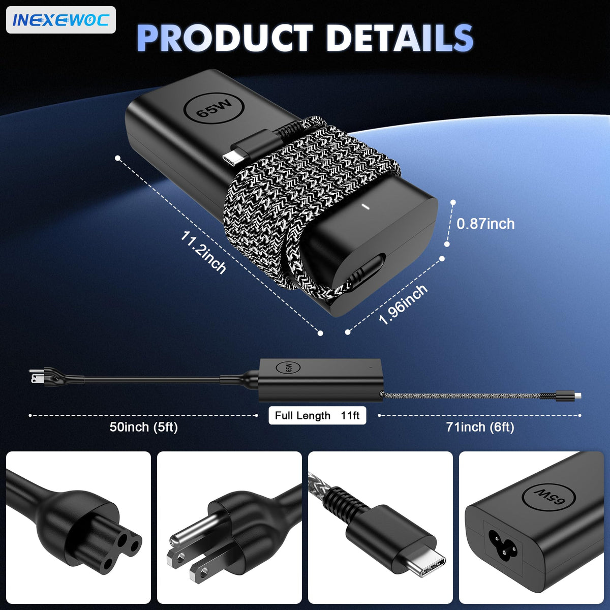 INEXEWOC 65W USB-C charger side with connectors, easy plug-in access.