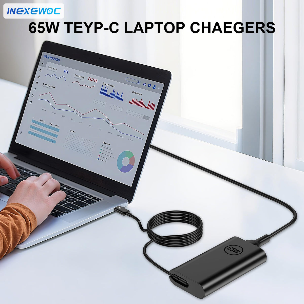 INEXEWOC 65W charger, travel-ready, ideal for office and commuting.