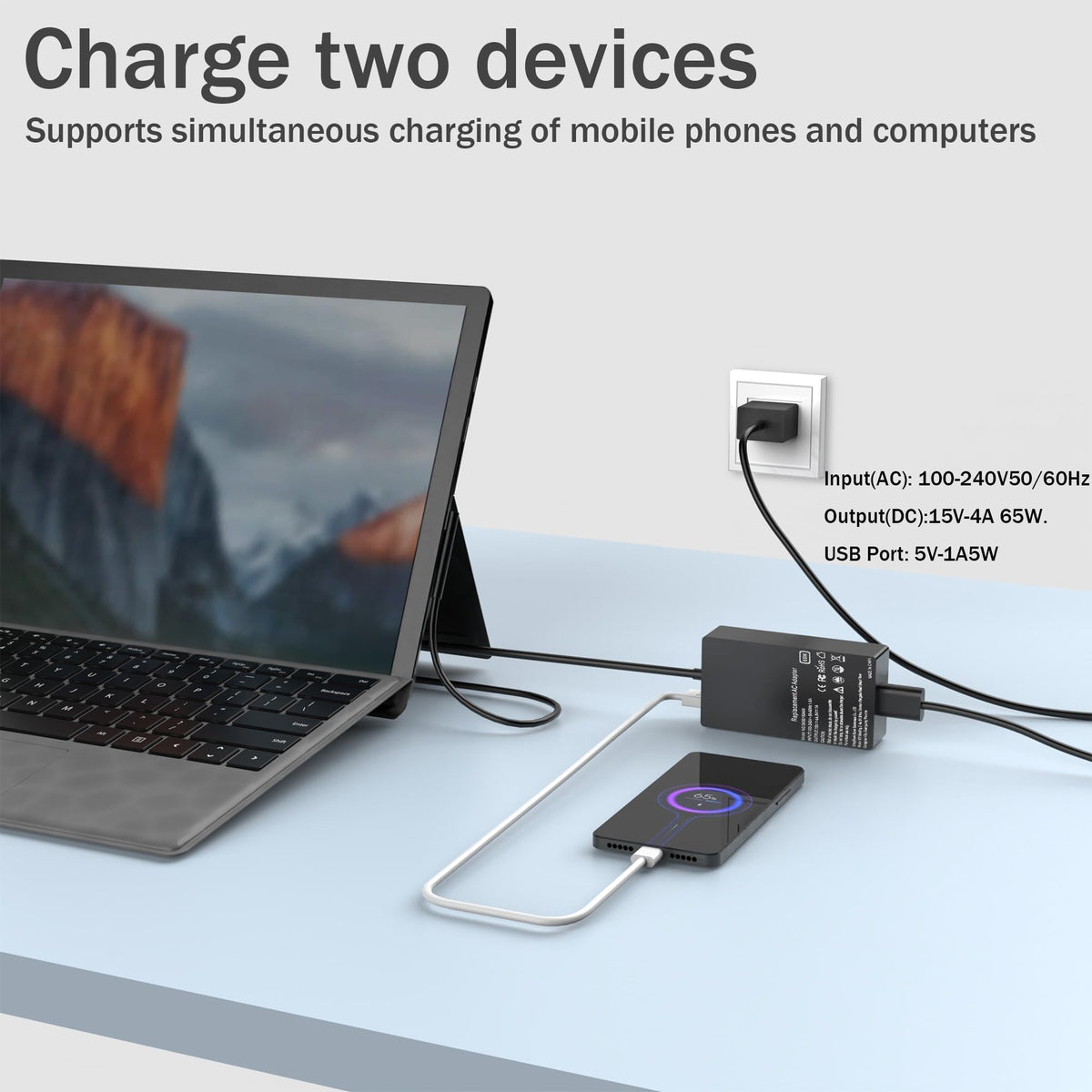 INEXEWOC 65W charger with USB port powering a phone while laptop charges.
