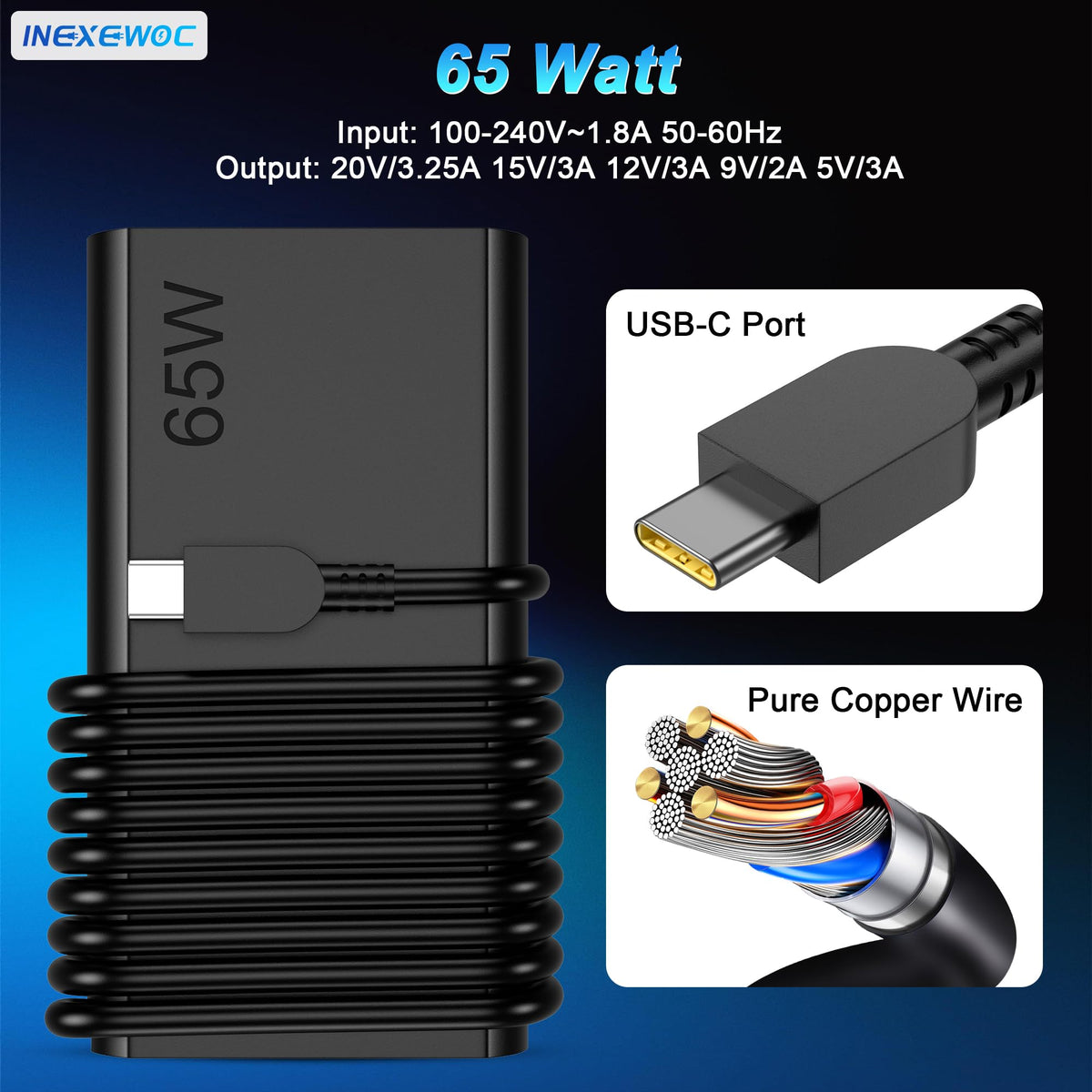 INEXEWOC Slim 65W USB-C charger front view shows slim profile and single USB-C port
