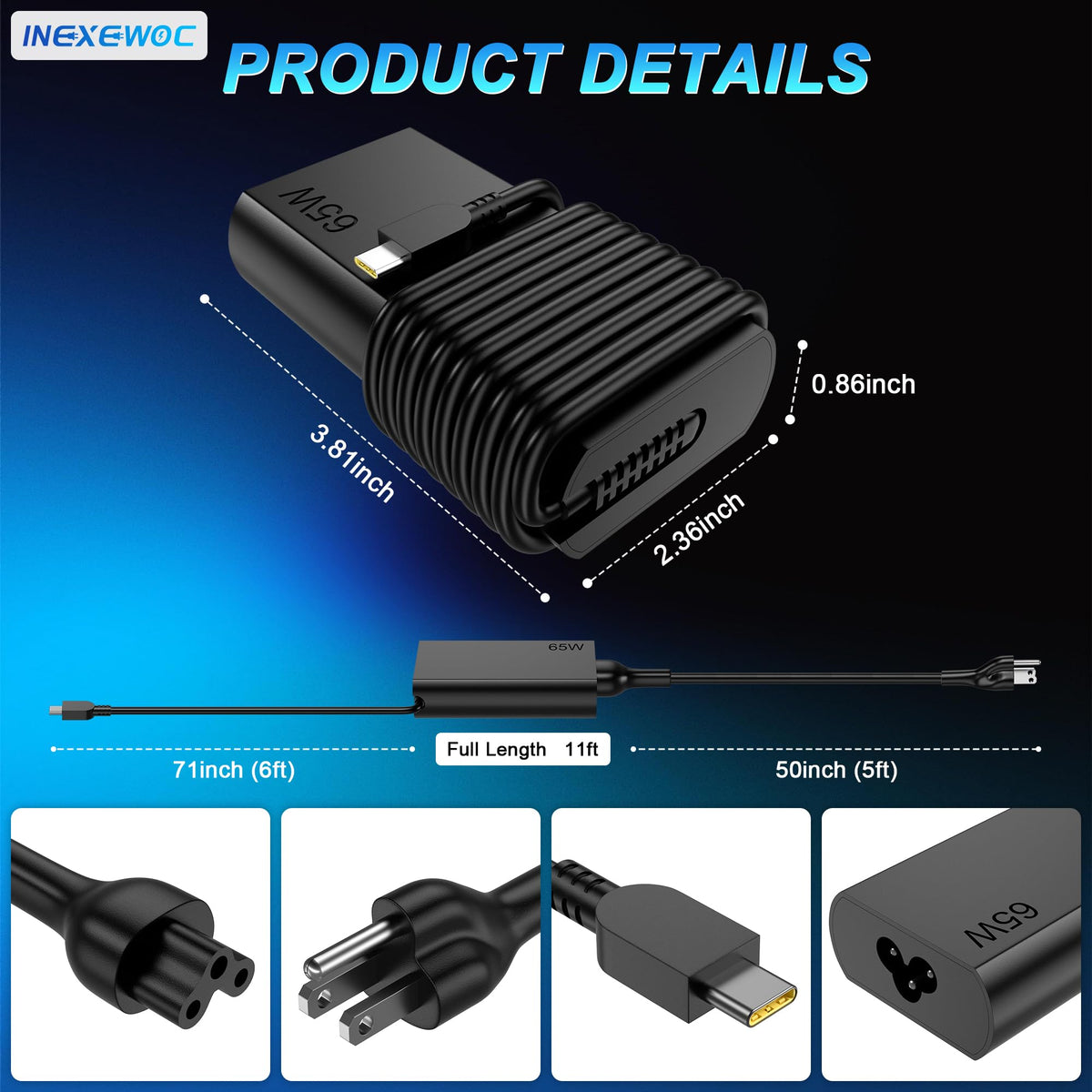 INEXEWOC Slim 65W USB-C charger, travel-ready for daily commuting
