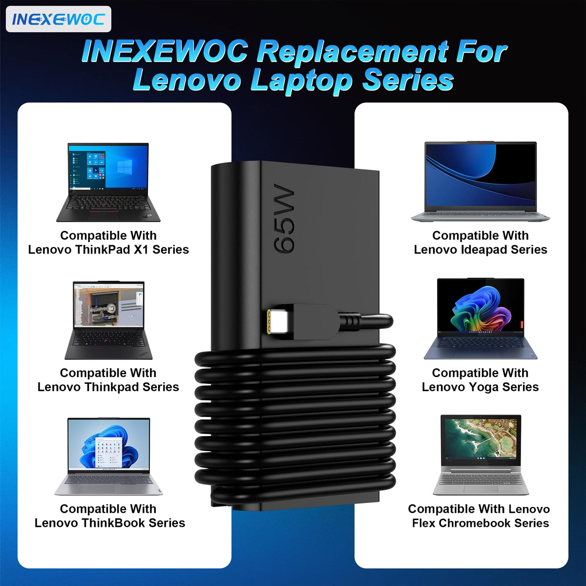 INEXEWOC compact charger shown with USB-C cable for portability