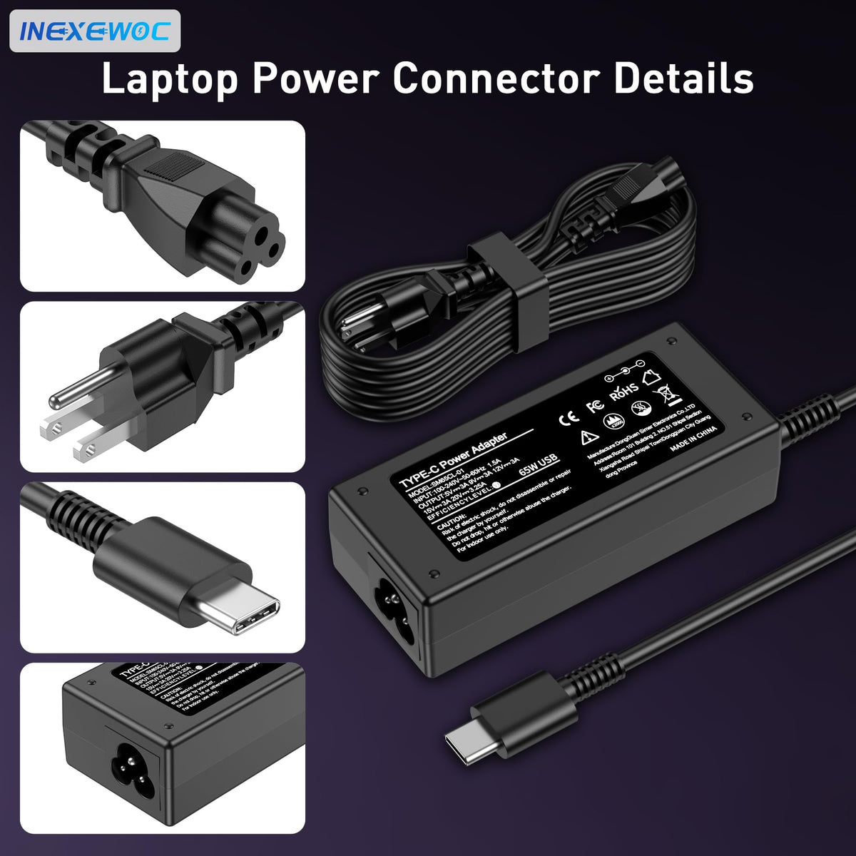 INEXEWOC charger side ports showing versatile charging for multiple devices