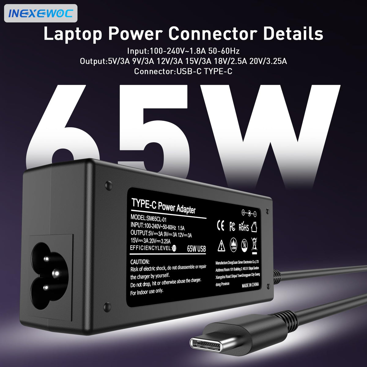 INEXEWOC charger spec label with 65W capability for universal compatibility