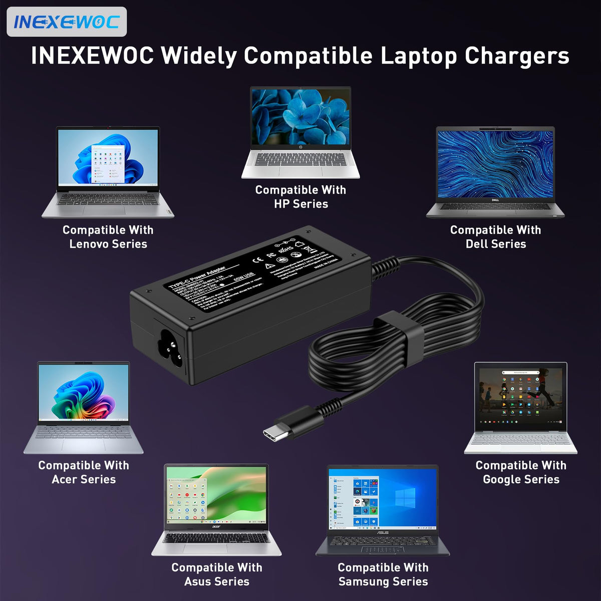 INEXEWOC USB-C cable plugged view highlighting fast, compatible power delivery