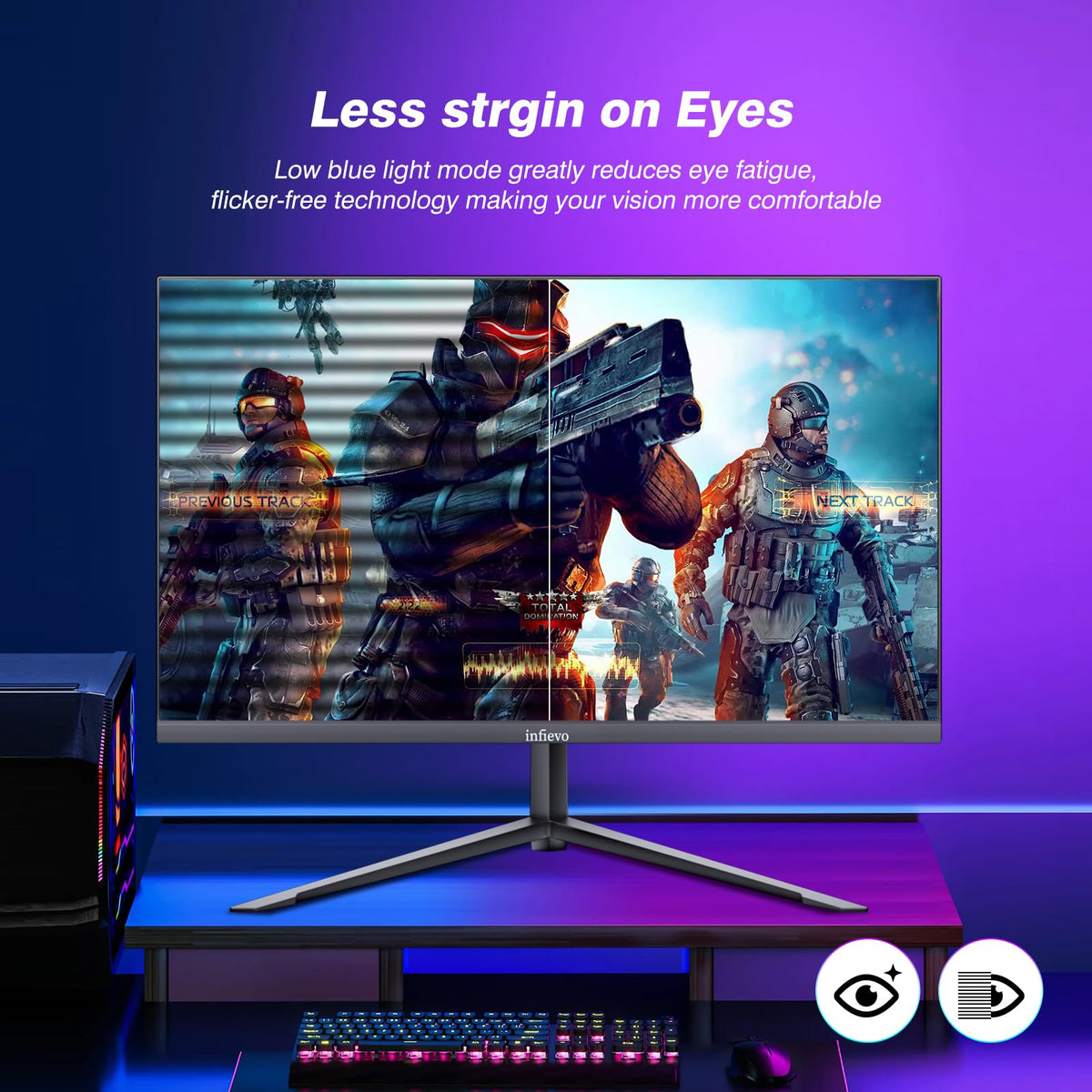 INFIEVO 27-inch gaming monitor ergonomic stand enabling flexible setups.