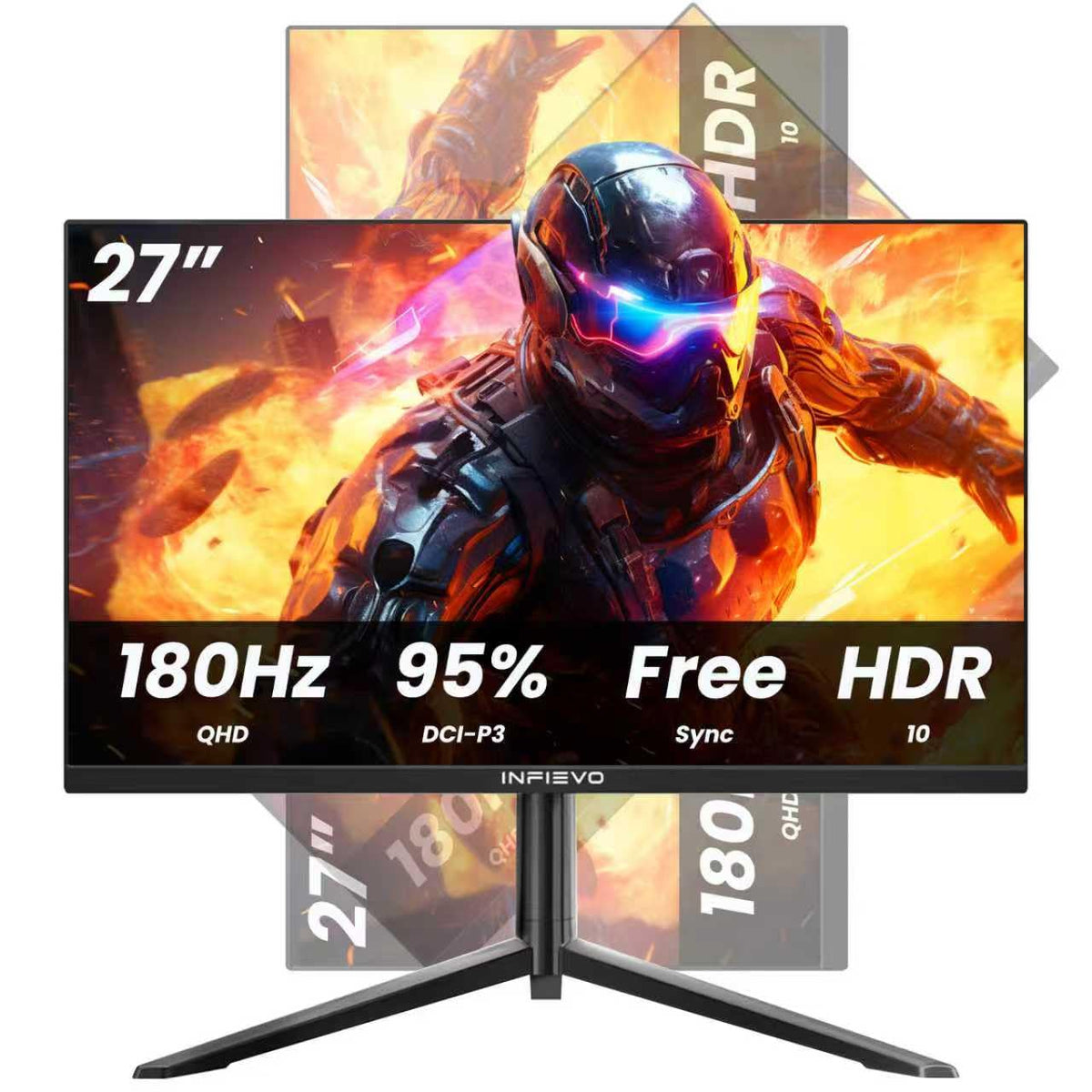 INFIEVO 27-inch gaming monitor front view for immersive, detailed QHD visuals.