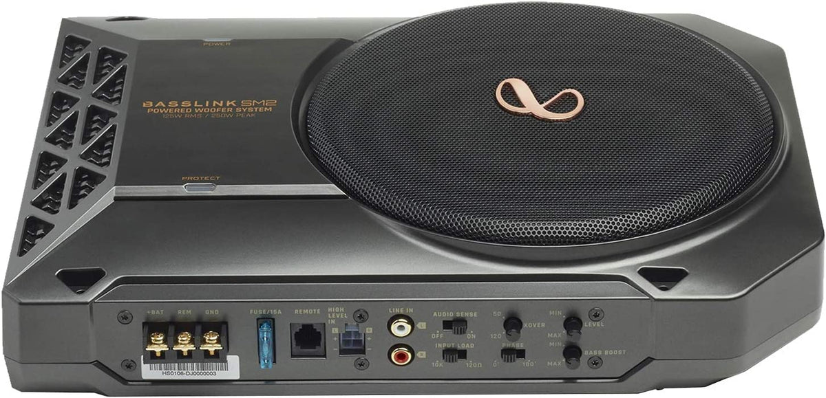 Infinity BassLink SM2 underseat woofer installed for discreet, rich bass in cars.