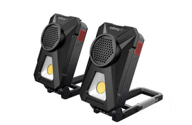 Infinity X1 front view of two work lights highlighting compact design and portability