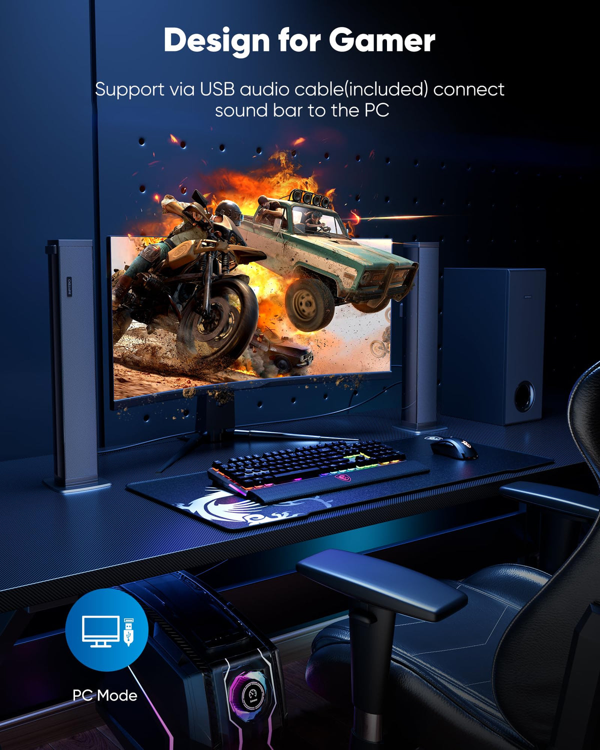 INFITBO soundbar in Movie Music and Game modes for versatile listening