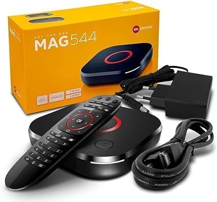 Infomir Mag 544W3 front view highlights a compact, 4K-ready streaming box.