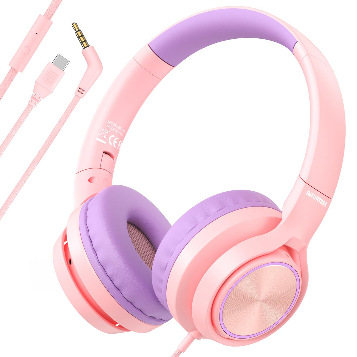 INFURTURE Kids Headphones front view with USB-C and 3.5mm for education
