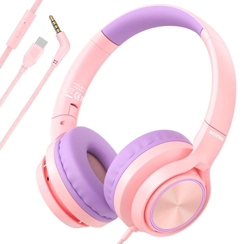 INFURTURE Kids Headphones front view with USB-C and 3.5mm for education