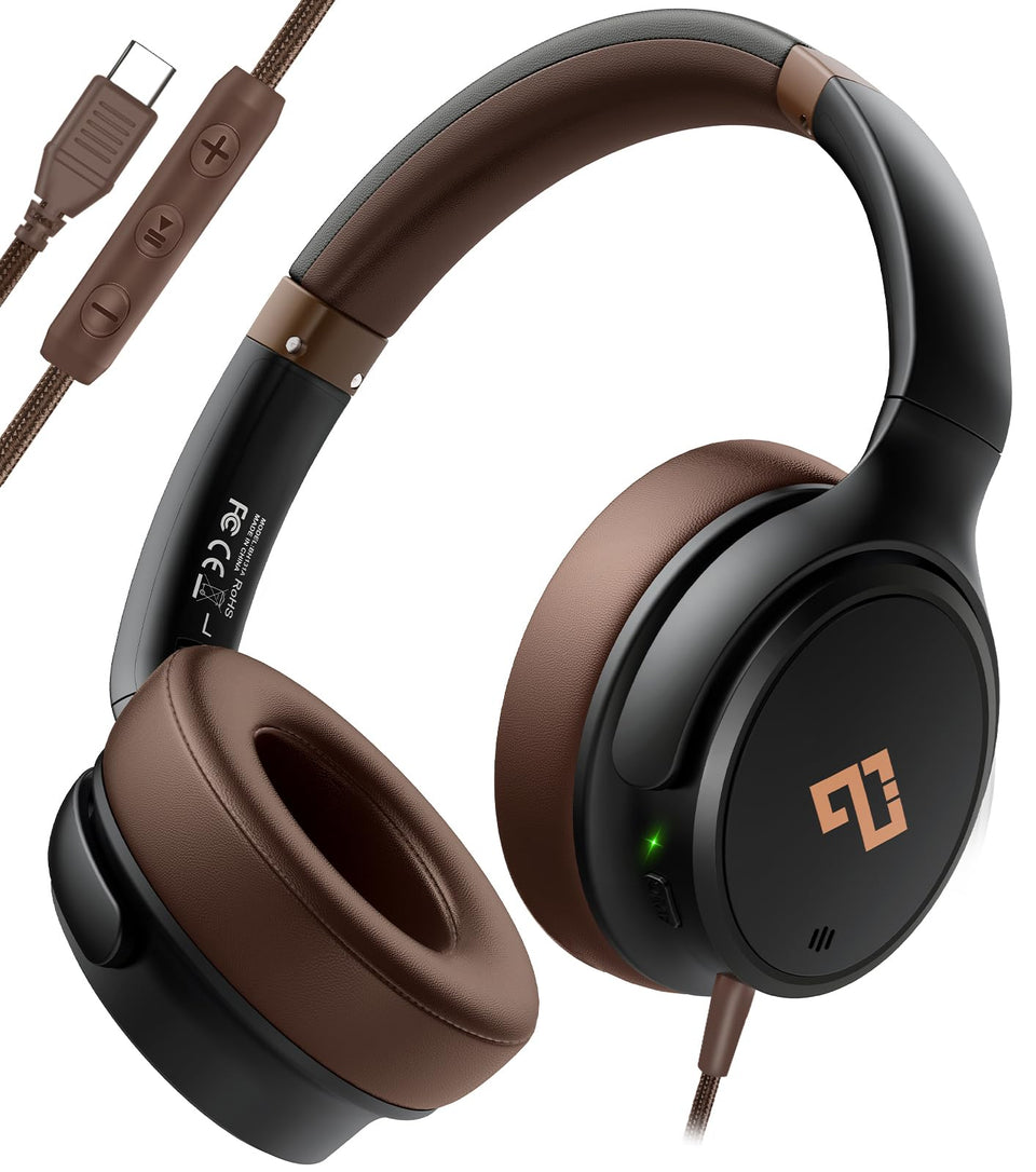 INFURTURE front view brown headphones showing sleek finish and portability benefit