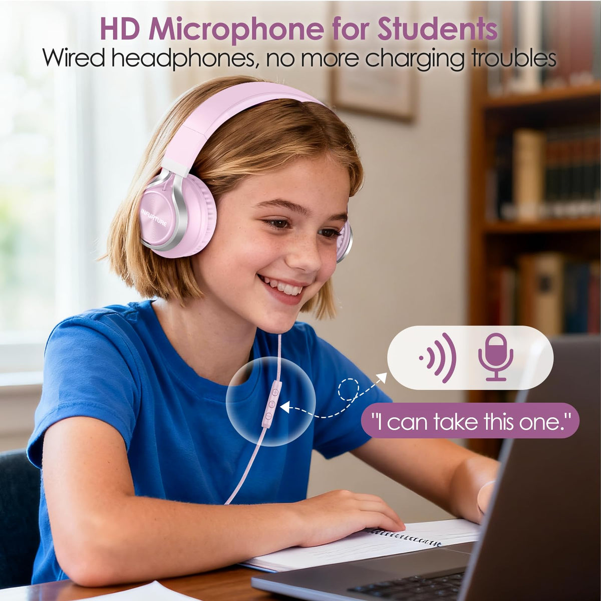 INFURTURE USB-C headphones with flat cable reduce desk clutter.